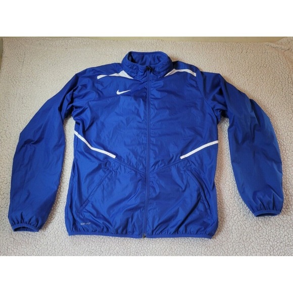 Nike Womens Challenger Jacket Storm Fit‎ Full Zip Size L Blue Hood in Collar EC - Picture 1 of 14
